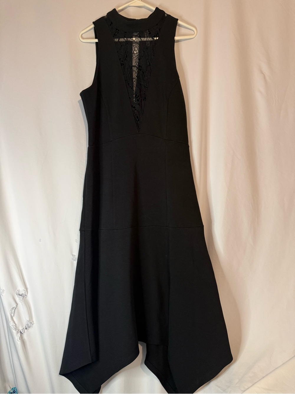 Anthropologie Black Dress M Lace Inset Mock Neck Handkerchief Hem Sleeveless